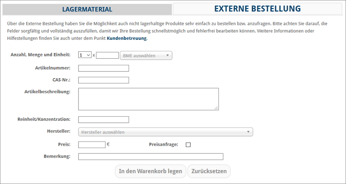 Screenshot: Externe Bestellung